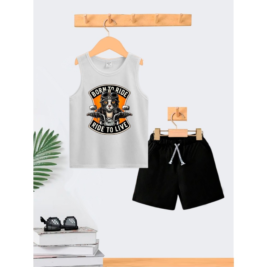 Conjunto Infantil Menino  Born To Ride Camiseta Cavada e Bermuda Short Roupa Criança Masculino