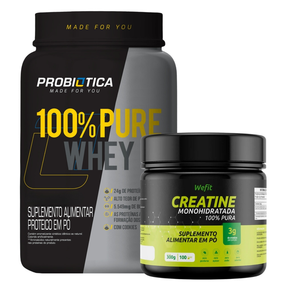 100% Pure Whey Pote 900g Probiótica + Creatina Monohidratada Pote 300g WeFit em Oferta na Shopee