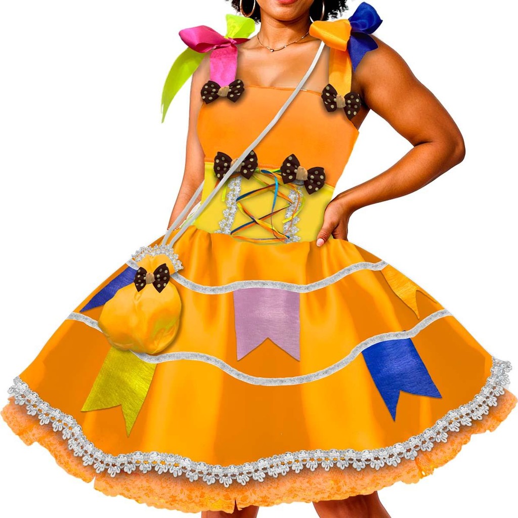 Vestido Junino Adulto Plus Size Rodado Laranja Com Bandeirinhas Super Luxo Feminino Com Bolsa