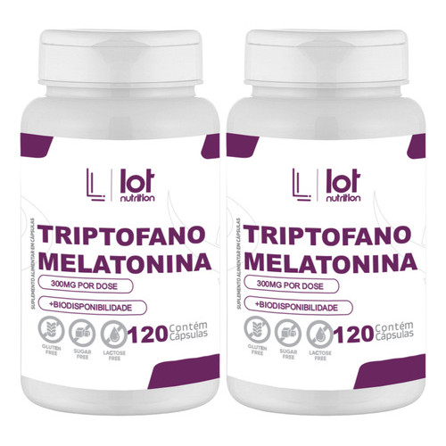 Kit 2 Triptofano + Melatonina 120 Cápsulas Sono Ansiedade Relaxamento Sem Sabor Lot Nutrition