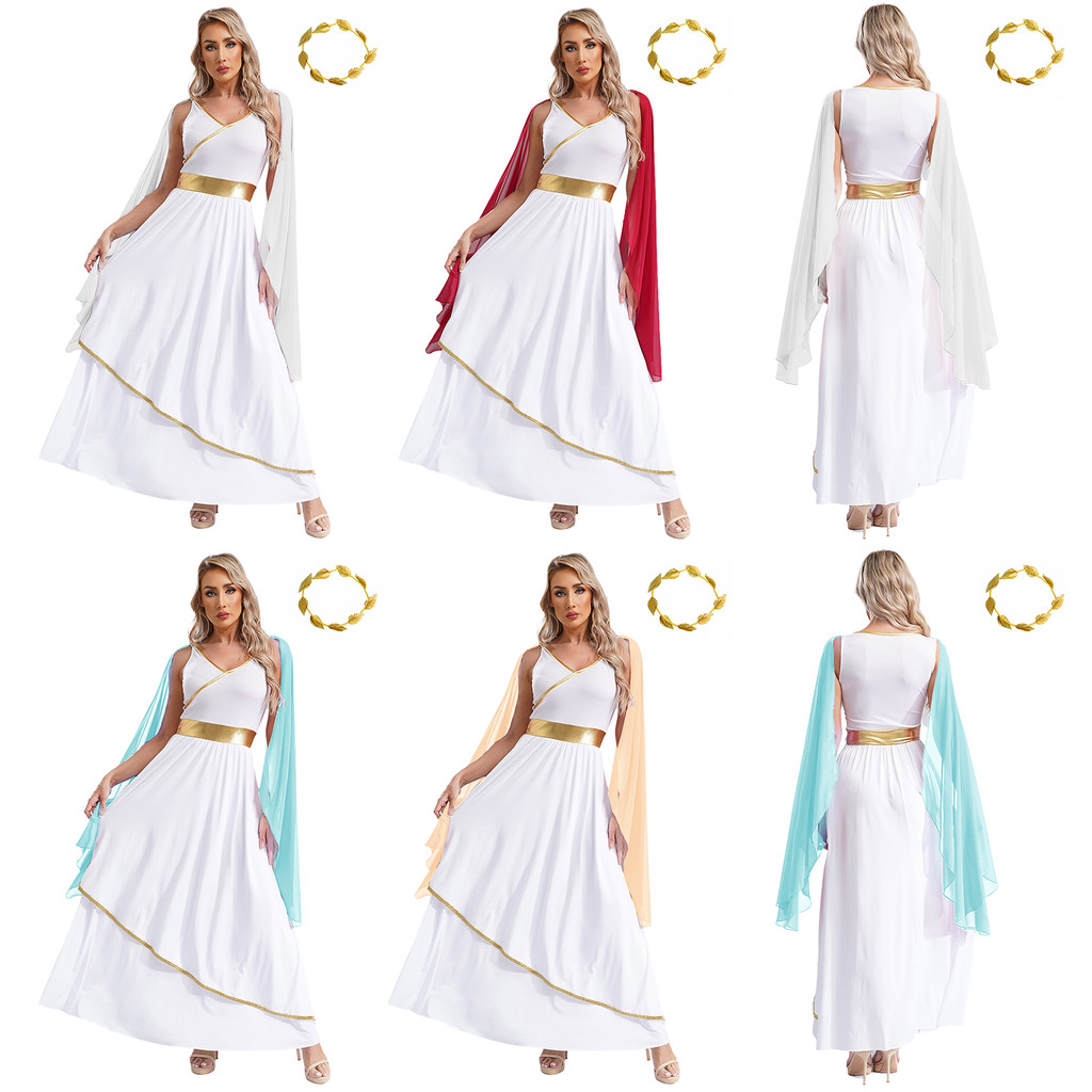 Yeahdor Feminino Halloween Antigo Grego Rainha Romana Trajes Com Decote Em V Sem Mangas Ouro Guarnições Toga Vestido Fol