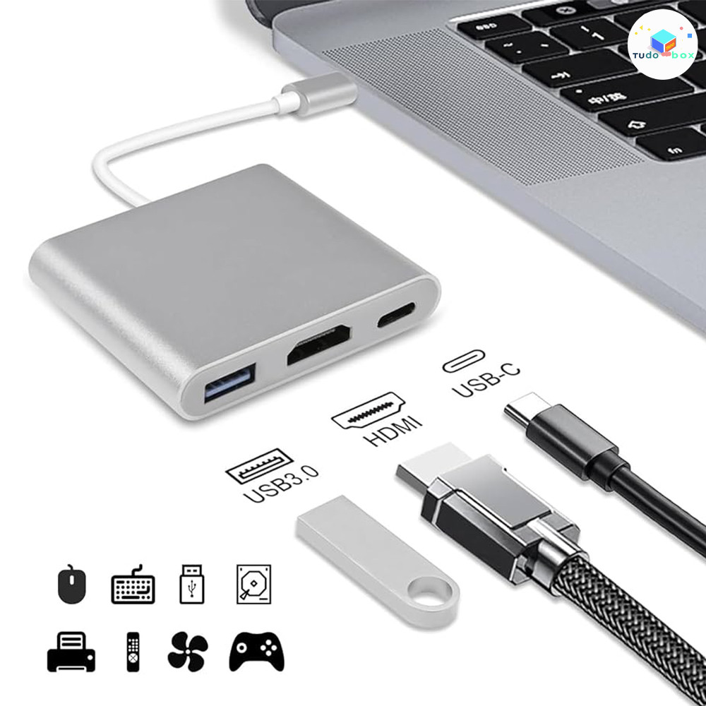 Conversor 4K 3 Em 1 Tipo C Para HDMI E USB 3.0 , Hub Com Caixa De Alumínio em Oferta na Shopee
