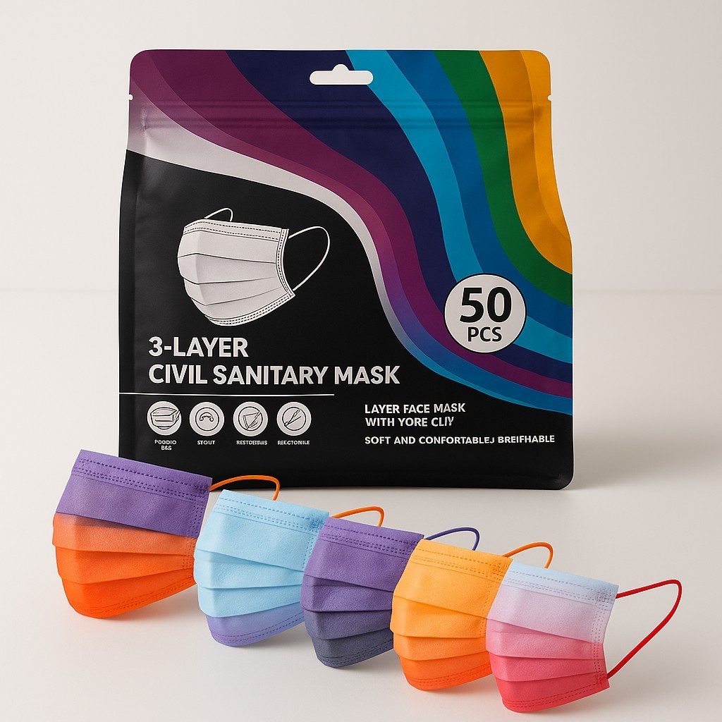 Kit 50 Máscara Tripla Descartável Colorida Adulto Elástico Proteçao Degrade Moda Clinic