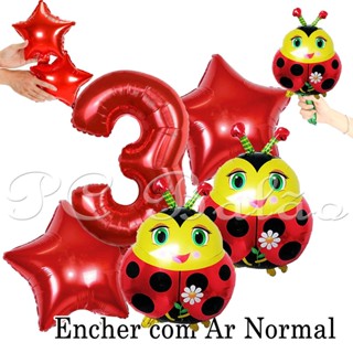 Kit 5 Balão Metalizado 2 JOANINHA PEQUENA + N° 40CM VERMELHO 2 ESTRELA VERMELHA JARDIM em Oferta na Shopee