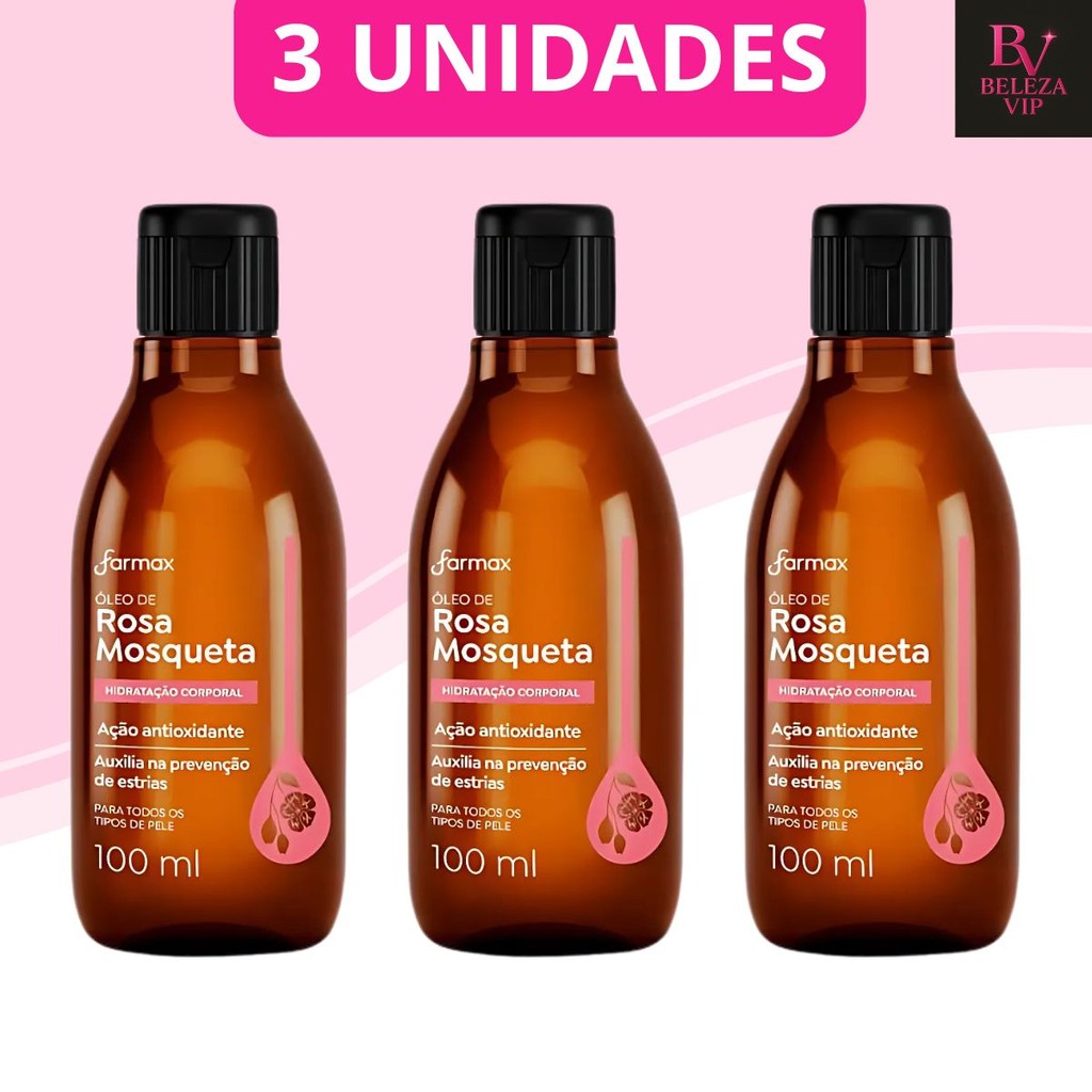 Kit com 3 Óleo Corporal e Capilar Rosa Mosqueta Farmax 100ml