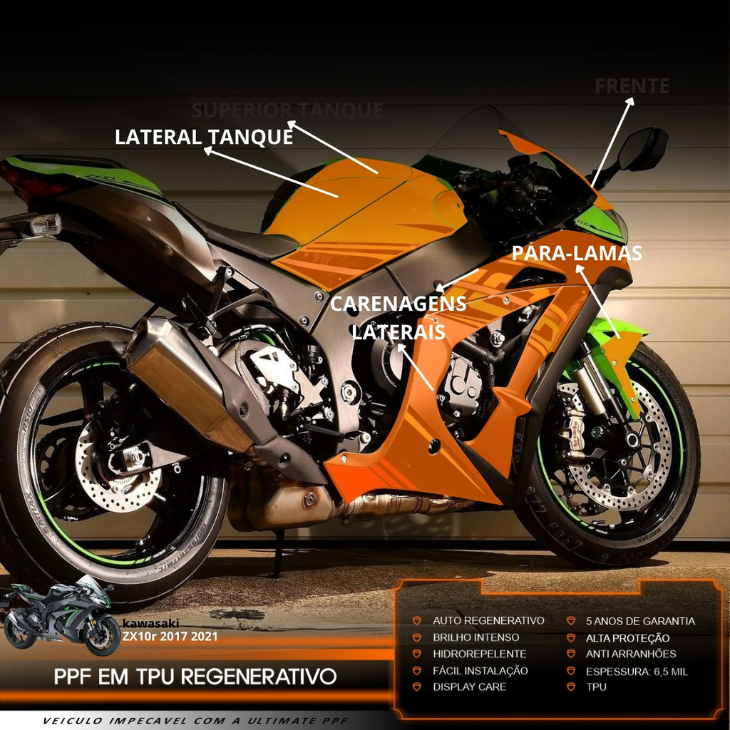 Película PPF Proteção Kit Semi Full Moto Kawasaki ZX-10R 2017 2018 2019 2020 2021 Transparente TPU Anti Risco