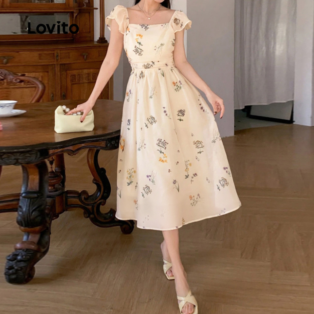 Detalhes do Lovito Vestido Elegante com Babados de Flores Suave e Confortável para Primavera/verão para Mulheres L138ED349