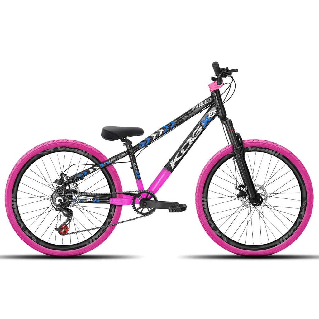 Bicicleta aro 26 KOG Freeride 1x7 Preto Rosa e Azul Vmaxx Preto Fosco - Pneus Rosa - Mesa Curta Rosa - Guidão Preto