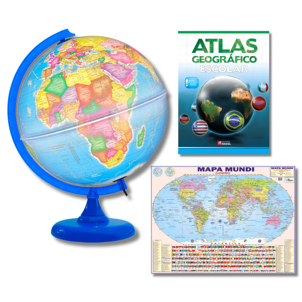 Globo Terrestre Político Luminoso Base Azul 30cm + Mapa Mundi + Atlas Geográfico