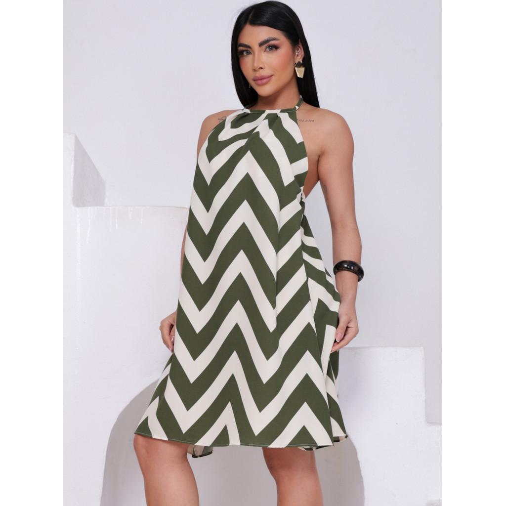Vestido Feminino Curto Costa Nua Amarração com Bojo em Duna Estampada Zig Zag Elegante em Oferta na Shopee