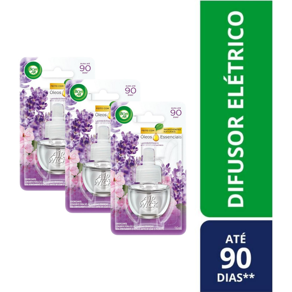Kit com 3 Refis 16ml Difusor Elétrico Bom Ar Lavanda e Gerânio - Home & Living