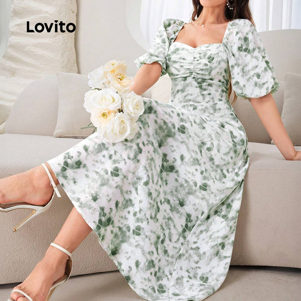 (Trendy) Lovito Vestido Elegante Borboleta Franzido Com Mangas Bufantes Verde Claro Para Mulheres LBL25430 - Women Clothes