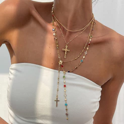 Moda Multicamadas Colorido Zircão Jesus Cruz Pingente Colar Y2K Tendência Feminina Festa Férias Presente Do Feriado Aces