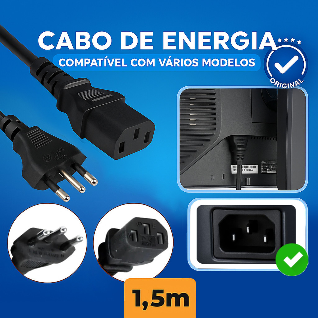 Cabo de Energia Tripolar 1,5M para Monitor Dell LG Samsung e Diversos Modelos - Consulte o Seu