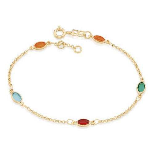 Pulseira Banhado Ouro Fio Elo Português Cristais Coloridos 551624 em Oferta na Shopee