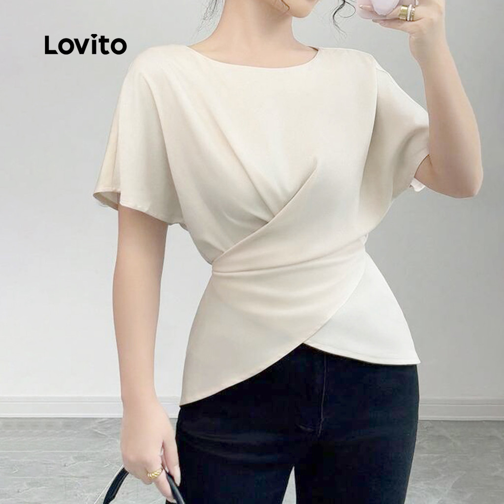 Detalhes do Lovito Blusa Casual de Manga Longa com Laço Nas Costas Drapeada Primavera/verão Bege Claro L138AD831