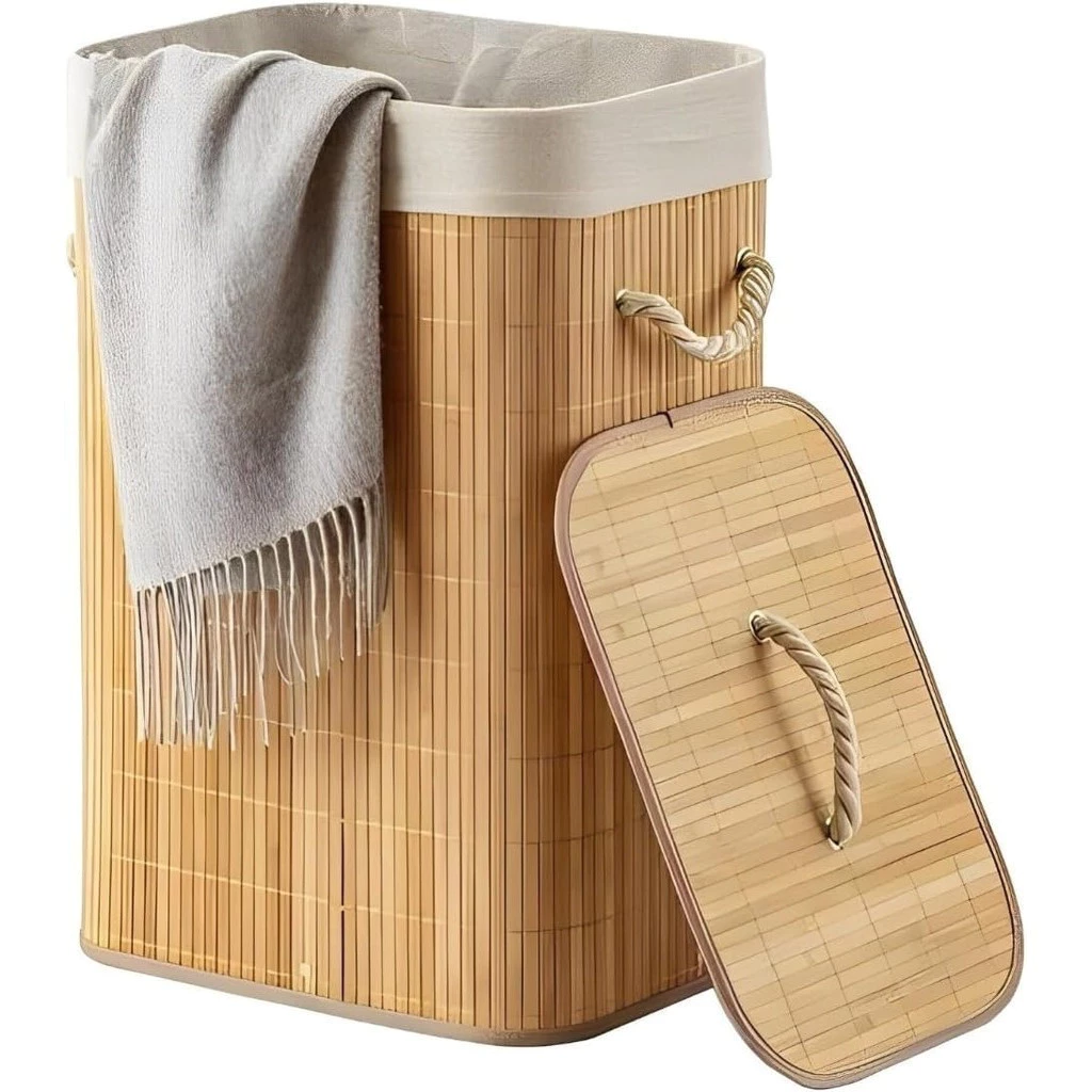 Cesto Roupa Bambu Retangular Redondo Com Tampa Cesto Oraganizador Roupa Suja Alças Bege — imagem 1