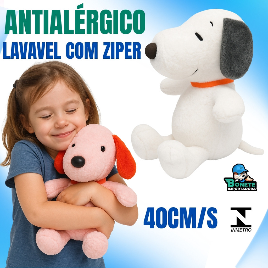 Boneco Snoopy de Pelúcia 40cm com Zíper – Super Macio, Antialérgico e Lavável