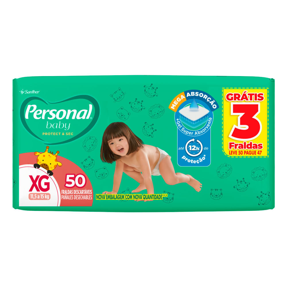 Fralda Personal Baby Protect & Sec Tamanho XG Leve 50 Pague 47 Unidades Descartáveis - Mom & Baby