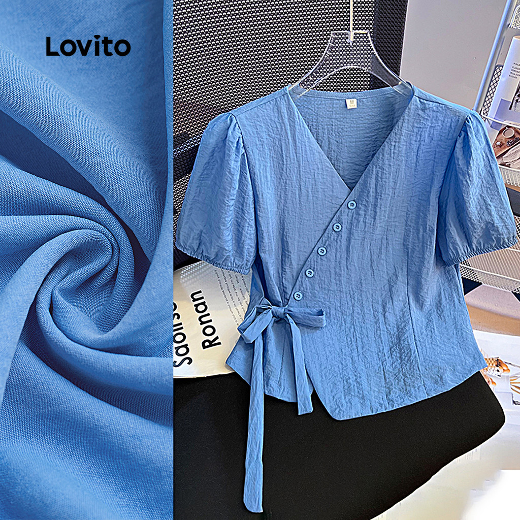 Lovito Casual Blusa Frente com Laço Botões Assimétrica Primavera/verão Blusa Azu