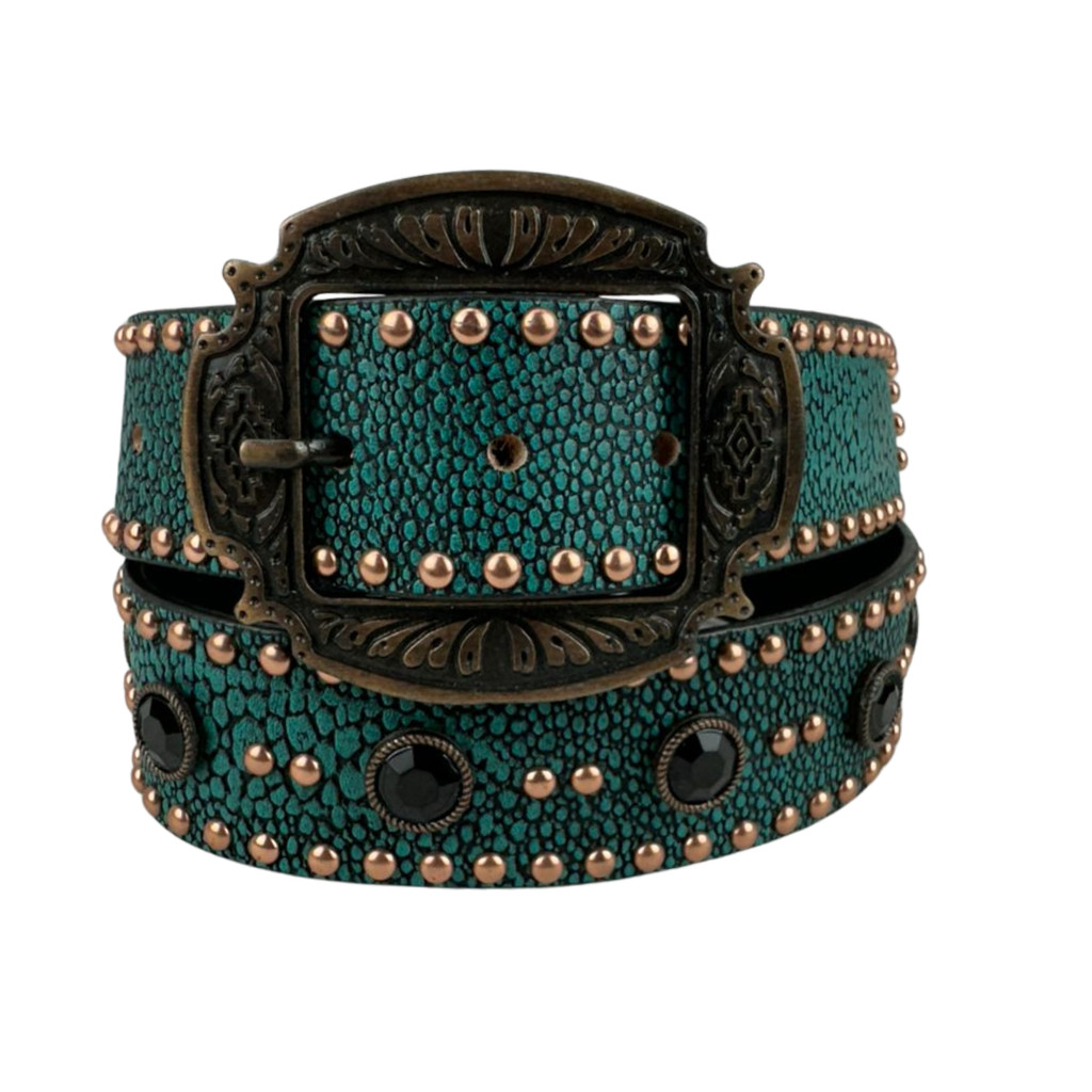 Cinto Feminino Pyramid Country Couro Verde Textura Arraia Com Strass Preto 100% Couro Original