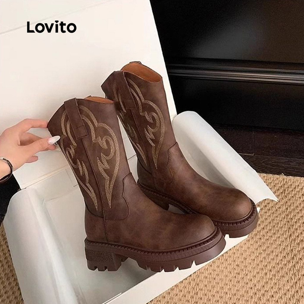Lovito Botas Vintage para Presbiopia Outono/inverno em Caqui para Mulheres LFA83046 em Oferta na Shopee