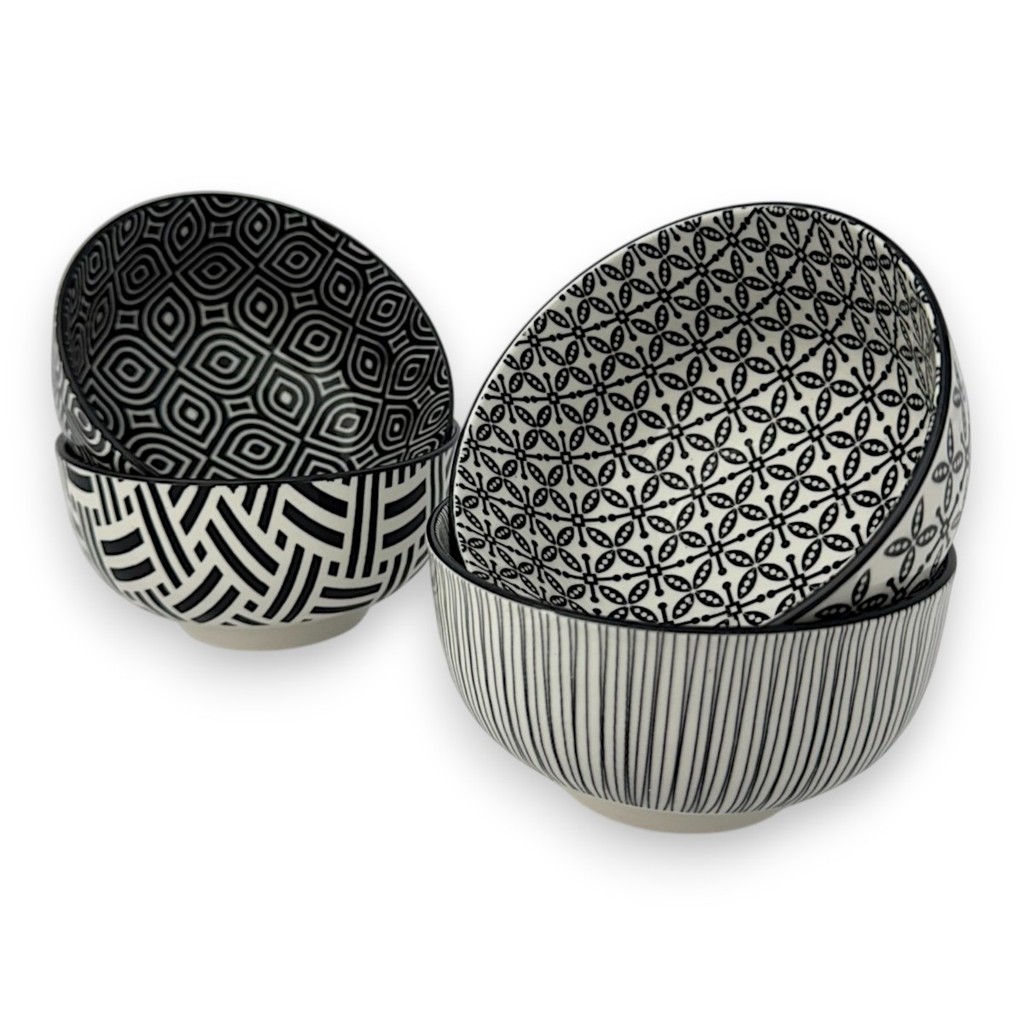 Jogo de 04 Bowls Tigela Cumbuca Estampa Geométrica Moderna Porcelana Grande Monocromático