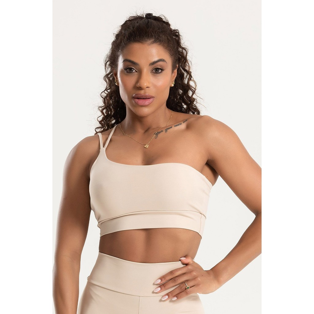 Detalhes do Conjunto Fitness Legging Flare e Top Ombro Único Areia Duna Cintura Alta Treino Academia Crossfit