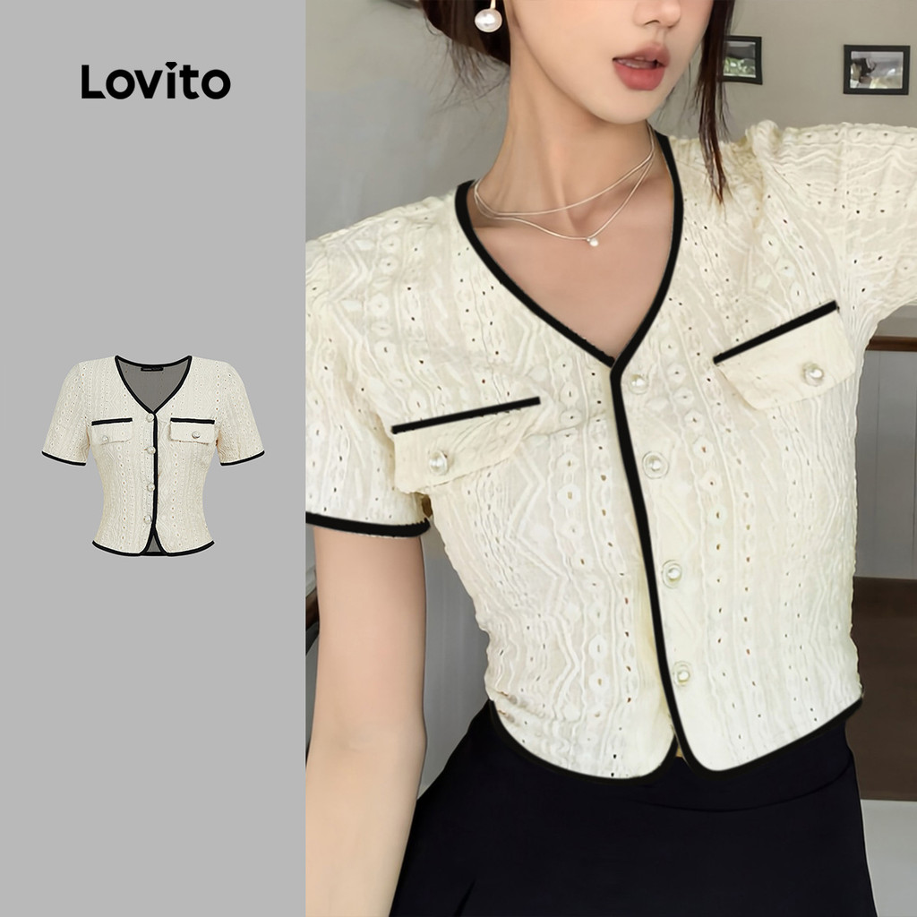 (Elegante) Lovito Blusa de Pérolas Exquisita Blusa de Primavera/verão em Damasco para Mulheres L143ED530