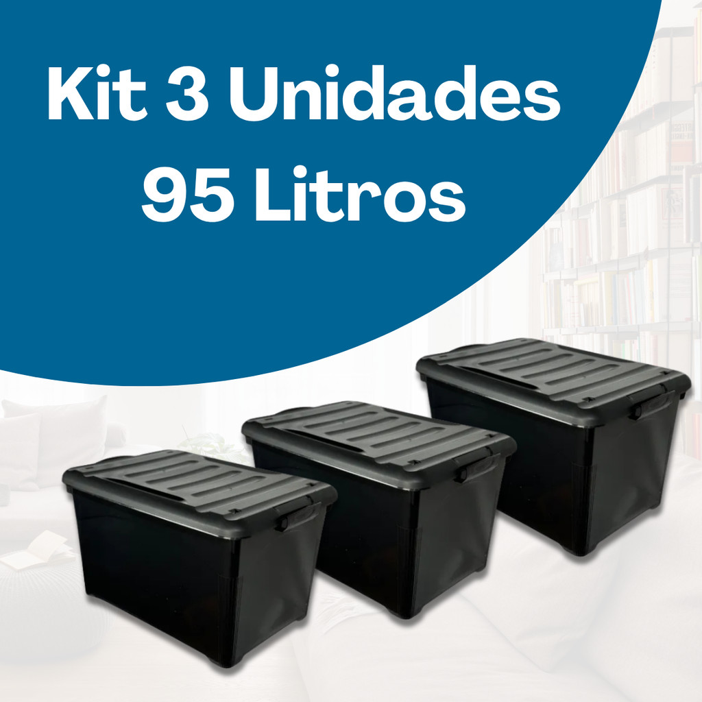 Kit Jogo De 3 Caixas Organizadoras Injeplastec 95 Litros Preta Plástica Multiuso Resistent...