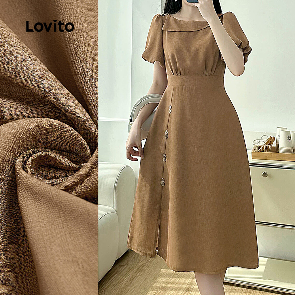 Lovito Vestido Elegante Assimétrico com Botões Primavera/verão  Vestido Marrom para Mulheres L142LD224 em Oferta na Shopee