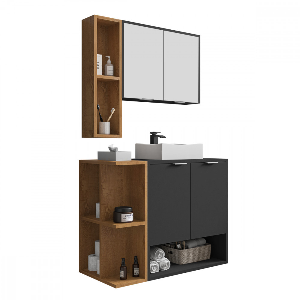 Gabinete com Cuba e Espelheira Ibiza Preto Naturalle Bechara em Oferta na Shopee