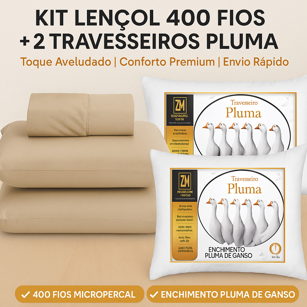 Kit Cama Premium 400 Fios + 2 Travesseiros Toque Pluma Cama Casal, Queen e King em Oferta na Shopee