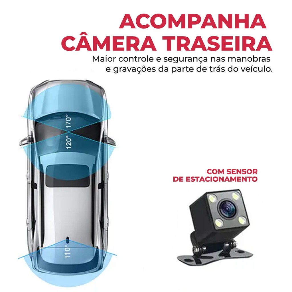 Detalhes do Câmera Veicular Automotiva Gravadora Para Carro 3 Câmeras Frontal Interna E Traseira 1080p Full HD