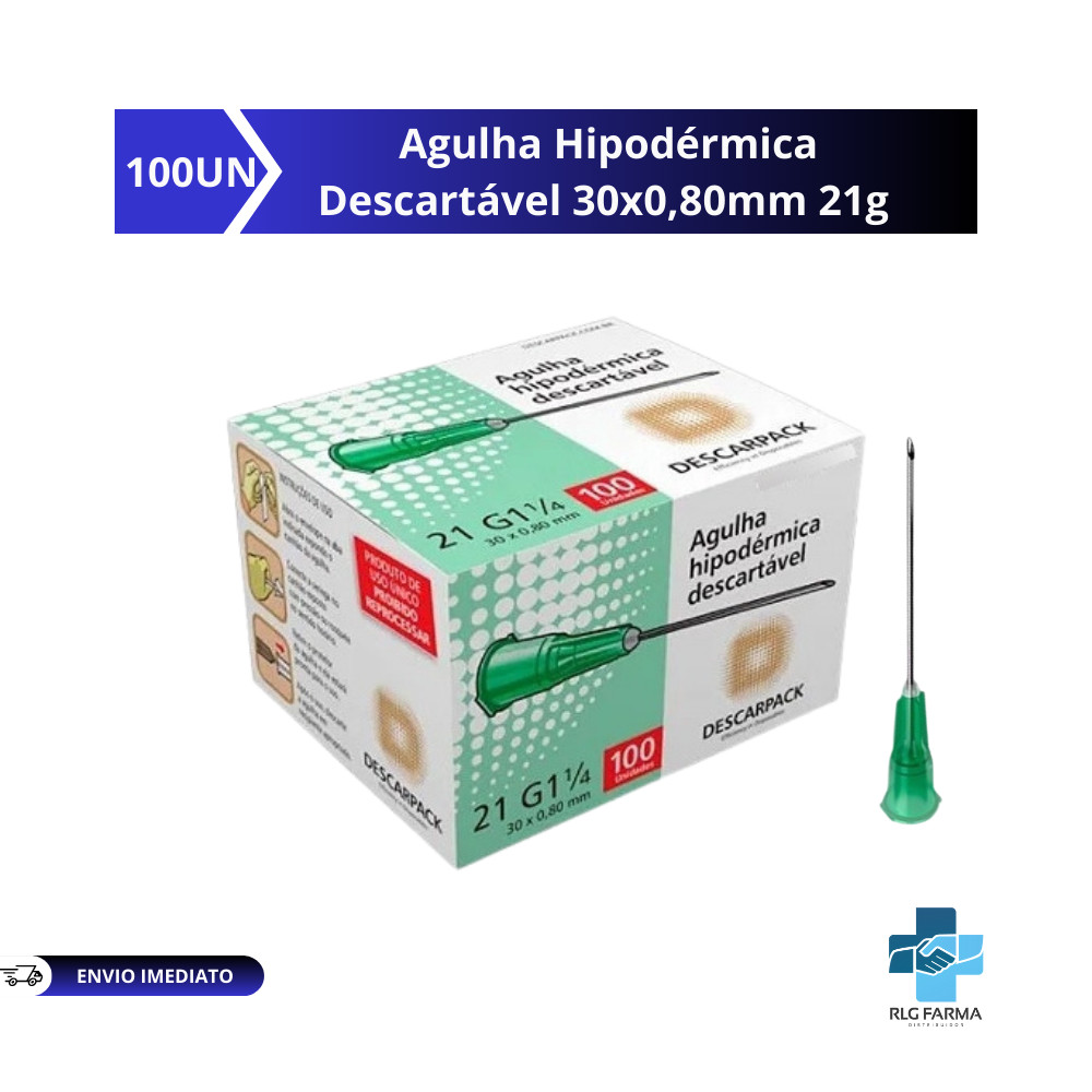Agulha Hipodérmica Descartável 30x0,80mm 21g (Verde) Caixa C/100 - Descarpack