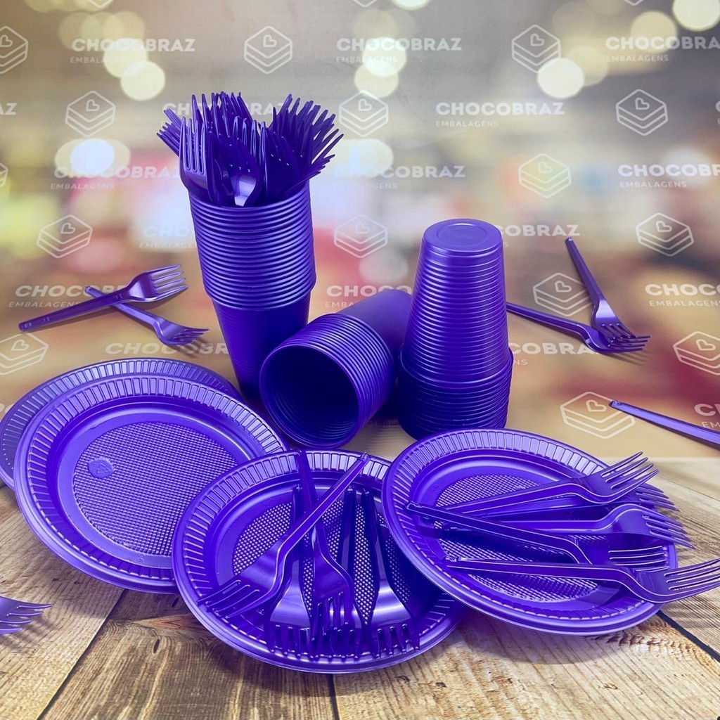Kit Festa 50 PESSOAS DESCARTAVEIS ROXO PEROLADO GARFO + PRATO + COPO em Oferta na Shopee