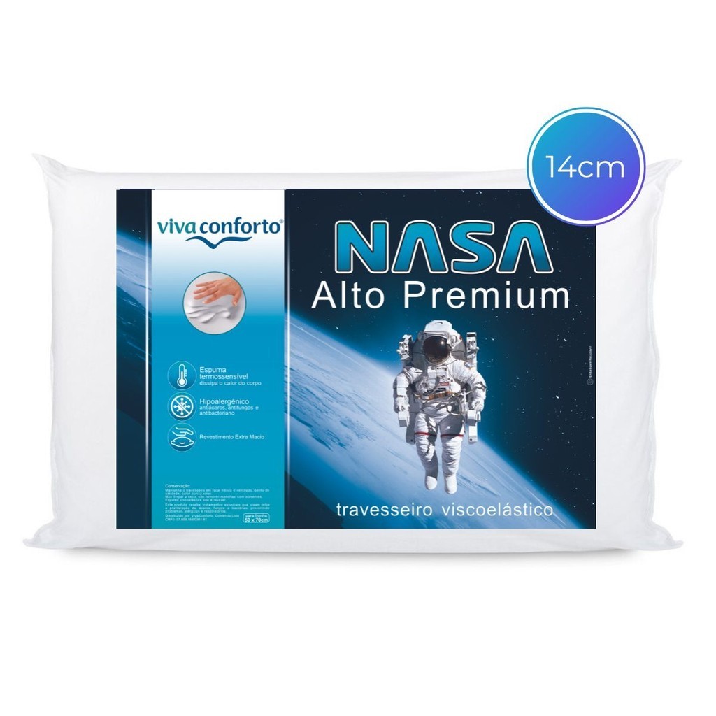 Travesseiro Nasa Alto Viva Conforto Original Antiácaros capa em algodão viscoelástico Altura 14cm em Oferta na Shopee