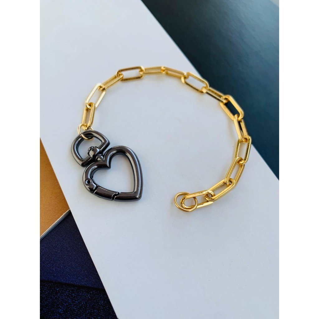 Pulseiras Semi Joia Mix de Banhos com mosquetão de coração a Ródio Negro e Ouro