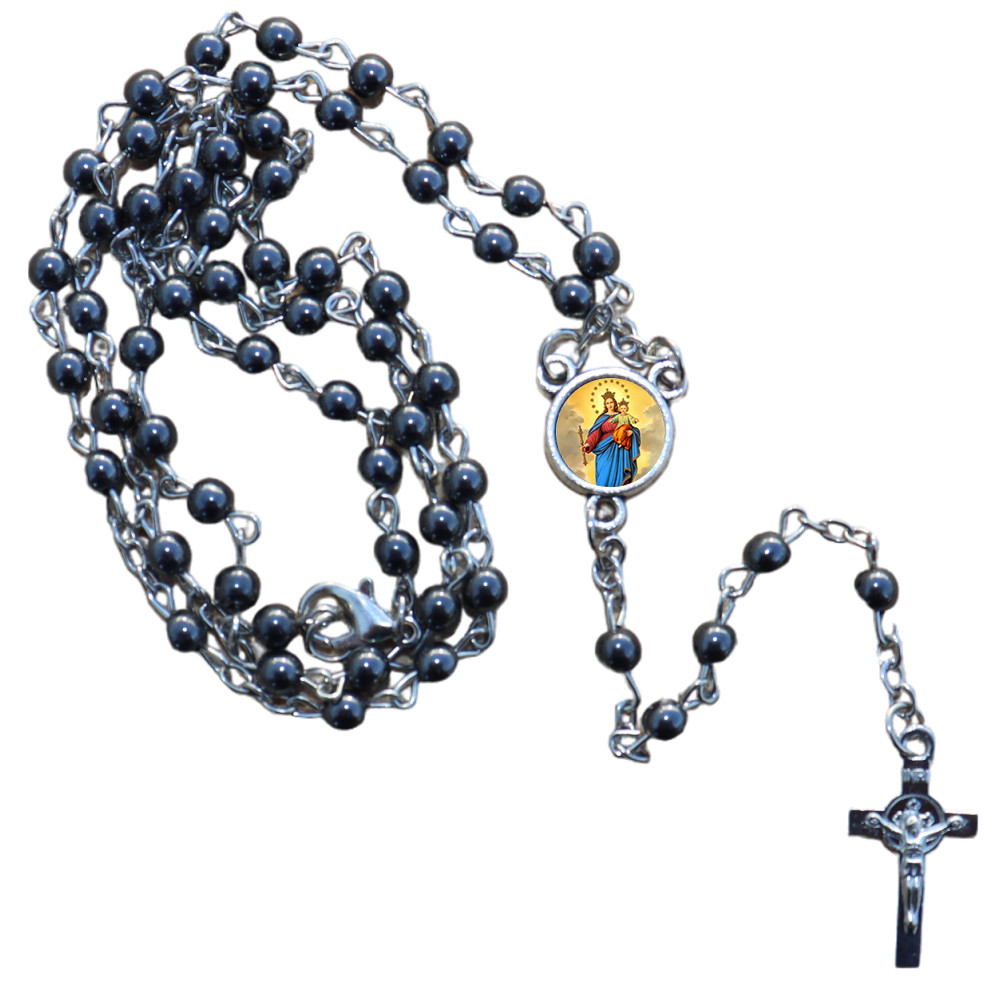 Colar Terço Nossa Senhora Auxiliadora Rosario Hematita Luxo