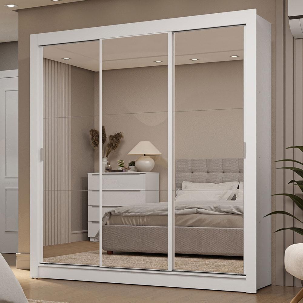 Guarda-Roupa Casal 3 Portas de Correr de Espelho 2 Gavetas Branco Sublime Madesa em Oferta na Shopee