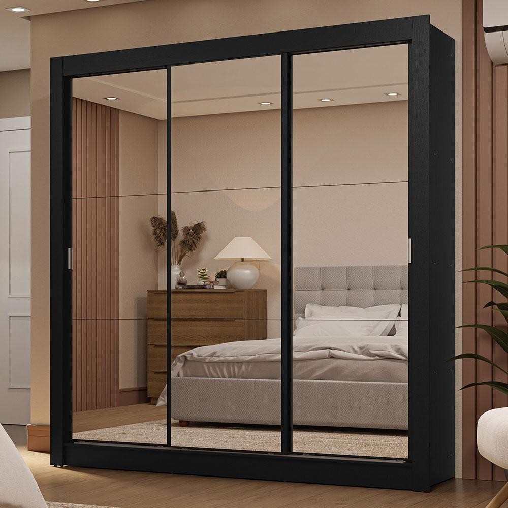 Guarda-Roupa Casal 3 Portas de Correr de Espelho 2 Gavetas Preto Sublime Madesa em Oferta na Shopee