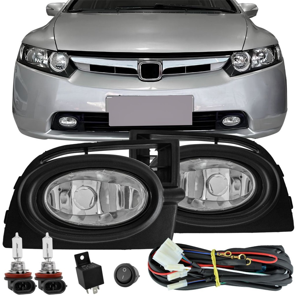 Kit Farol Milha Auxiliar Honda New Civic 2006 2007 2008 com Botão Lâmpada