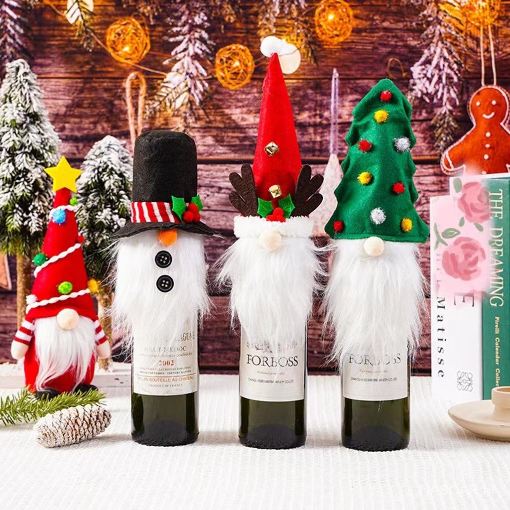 Decorações de Natal, conjunto de garrafas de vinho da árvore de Natal, conjunto de vinho de chifre de Natal, chapéu de garrafa de gnomo, itens de decoração de mesa