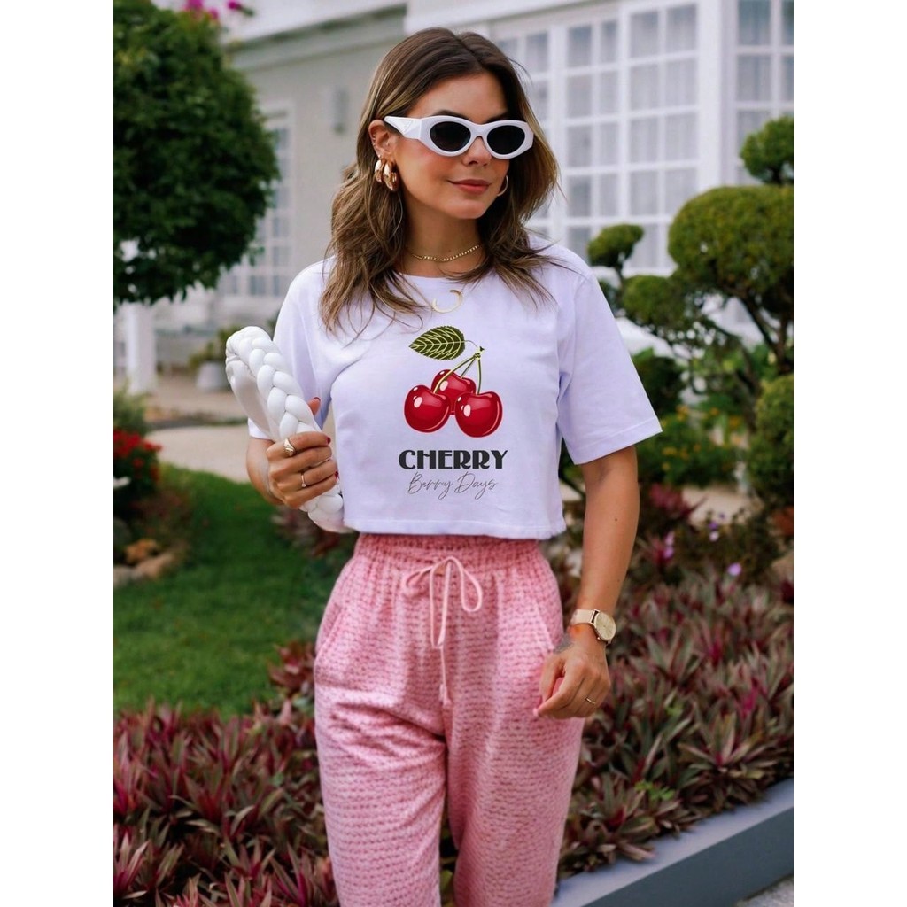 Blusa Cereja T-shirt Cherry Camiseta Feminina Cropped Feminina Oversized Confortável Estilosa Larguinha Modelagem Ampla Soltinha Casual