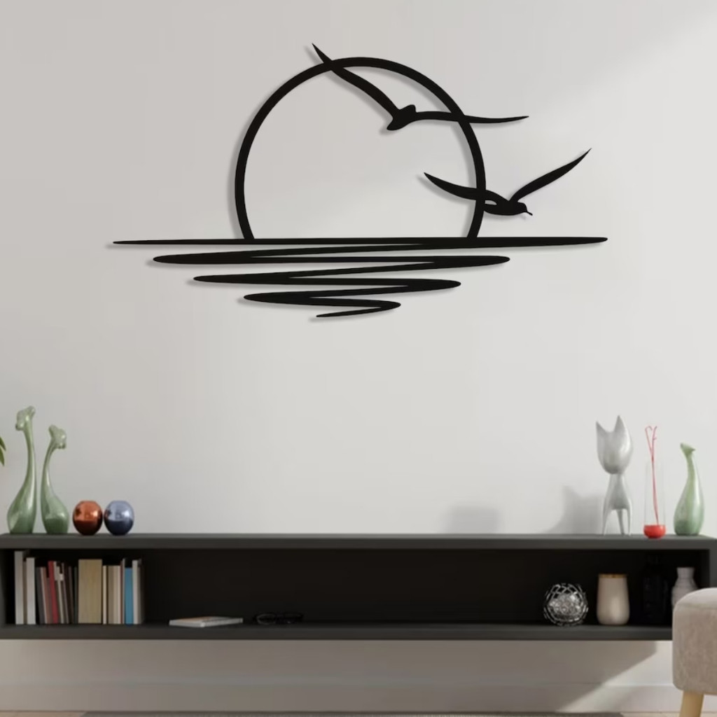 Quadro Decorativo Por do Sol Mar Pássaros Vazado Abstrato em MDF Preto