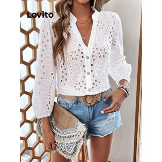 (Trendy) Lovito Blusa Casual Com Botão Liso E Bordado Com Ilhó Frontal Para Mulheres LNL70185 em Oferta na Shopee