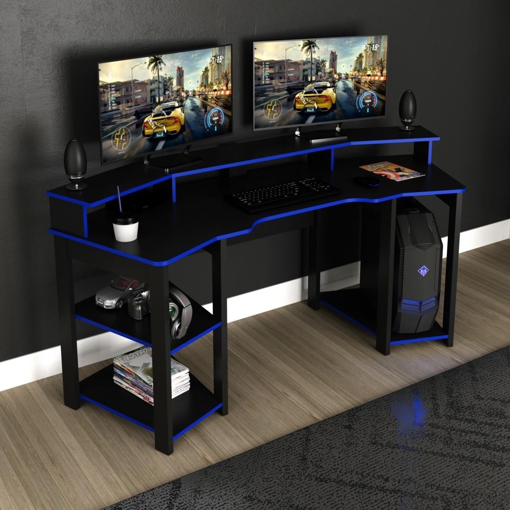 Mesa Gamer Escrivaninha 3 Prateleiras CPU Quarto Preto Azul em Oferta na Shopee