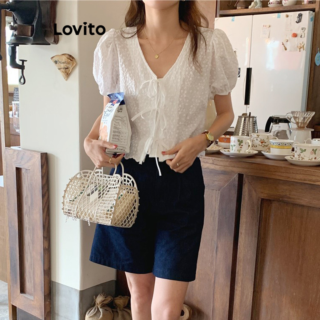 Detalhes do Lovito Blusa Casual Feminina Com Amarração Bordada Para Verão Primavera L105MD618