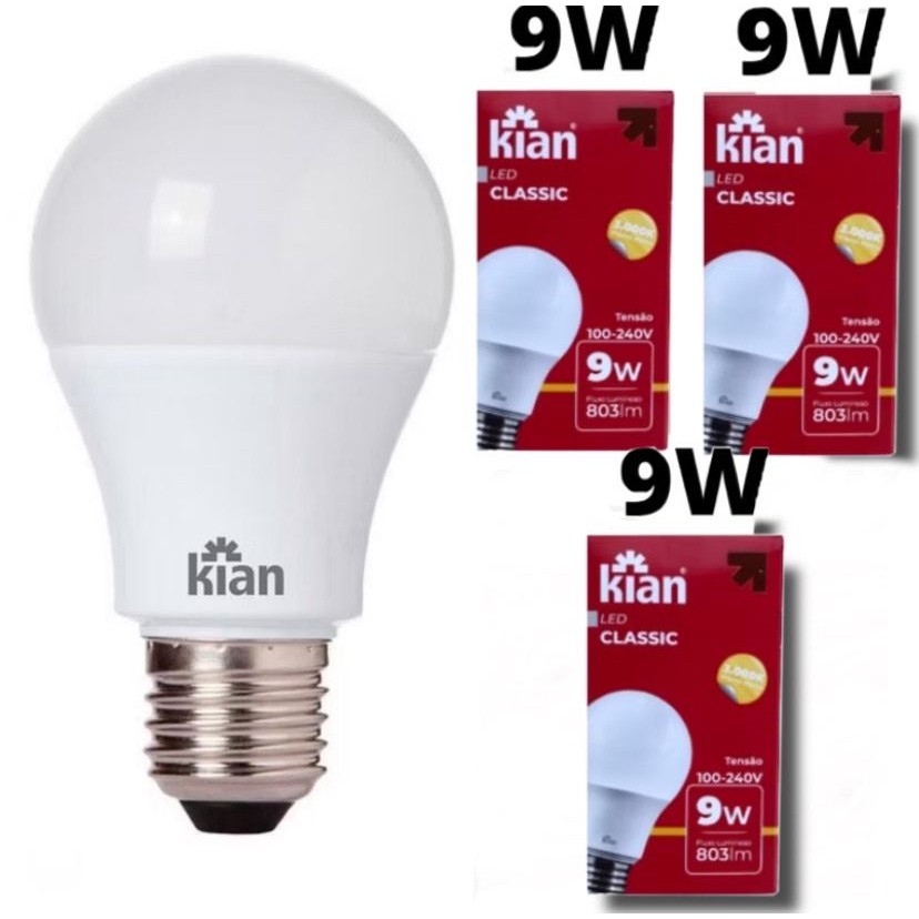 Kit de 3 Lampadas Kian LED 9w Melhor Preço Luz Amarela 3000k Economica Bivolt Melhor Preço