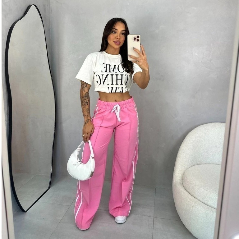 Calça Feminina Casual Retas Com Listras de Cintura Alta de Tactel